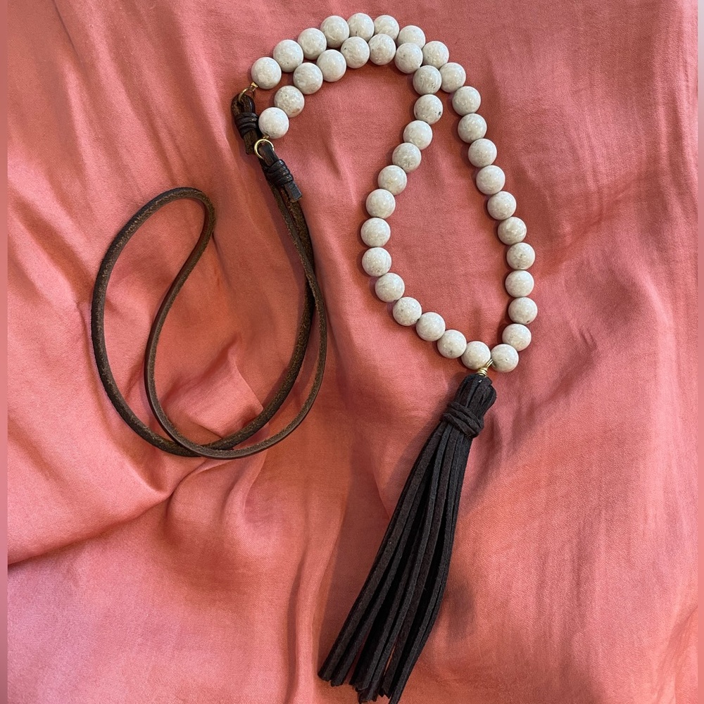 Long Bead and Leather Necklace, Brown and Cream, 23”